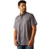Grey Striped Short Sleeve Snap Shirt with Two Chest Pockets 