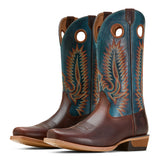 Brown Narrow Square Toe Boot with Turquoise Brown Stitched Shaft