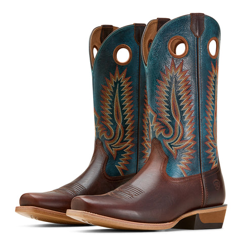 Brown Narrow Square Toe Boot with Turquoise Brown Stitched Shaft