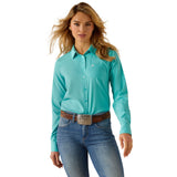 Solid Turquoise Button-up Long Sleeve Shirt with a Single Pocket and Ariat on the Left Sleeve
