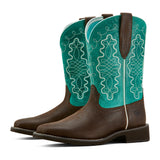 Hickory Brown Square Toe Boot with Turquoise Shaft and White Stitching