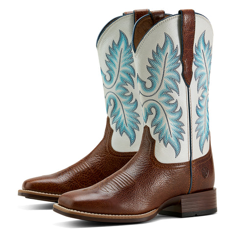 Gingersnap and White Square Toe Boot with Turquoise Stitching