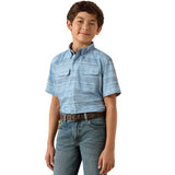 Model wearing the Ariat Boys VenTEK Multi Blue Aztec Short Sleeve Shirt in a front view, showing the bold blue Aztec print, short sleeves, and breathable VentTEK design.