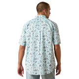 Back view of the model in the Ariat Men’s Glow Blue Western Print Short Sleeve Shirt, highlighting the full glow‑blue Western print and clean Western yoke.
