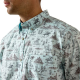 Close‑up showing the detailed Western print, button‑down collar and pocket
