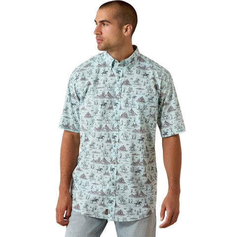 Model wearing the Ariat Men’s Glow Blue Western Print Short Sleeve Shirt in a front view, showing the glow‑blue Western print, short sleeves, and classic button‑down styling.