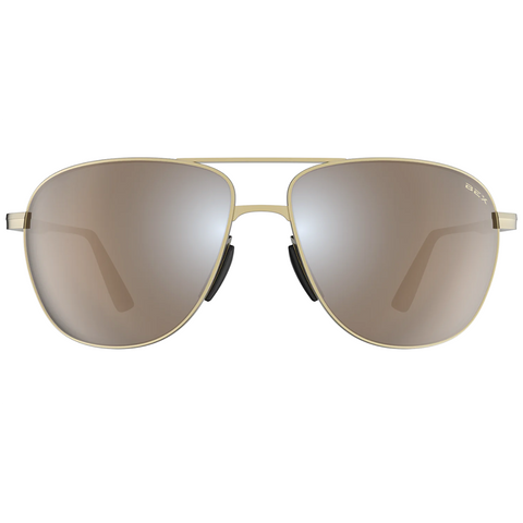 Bex Nova Sunglasses. They have a matte gold frame with brown tinted lenses with a silver flash.