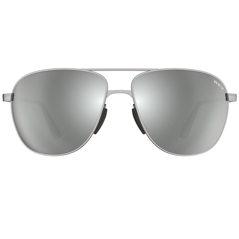 Bex Nova Sunglasses. They have a matte silver frame with gray tinted lenses with a silver flash.