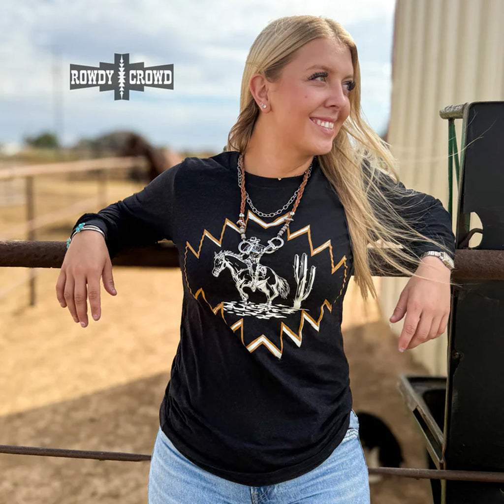 women's long sleeve black t-shirt with gold Aztec outline and bronc rider graphic