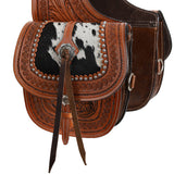 Close up of the pockets and cowhide and rivets. 