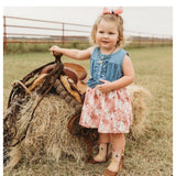 sleeveless toddler dress with a denim top and plaid fabric bottom with horse graphics