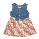 sleeveless toddler dress with a denim top and plaid fabric bottom with horse graphics