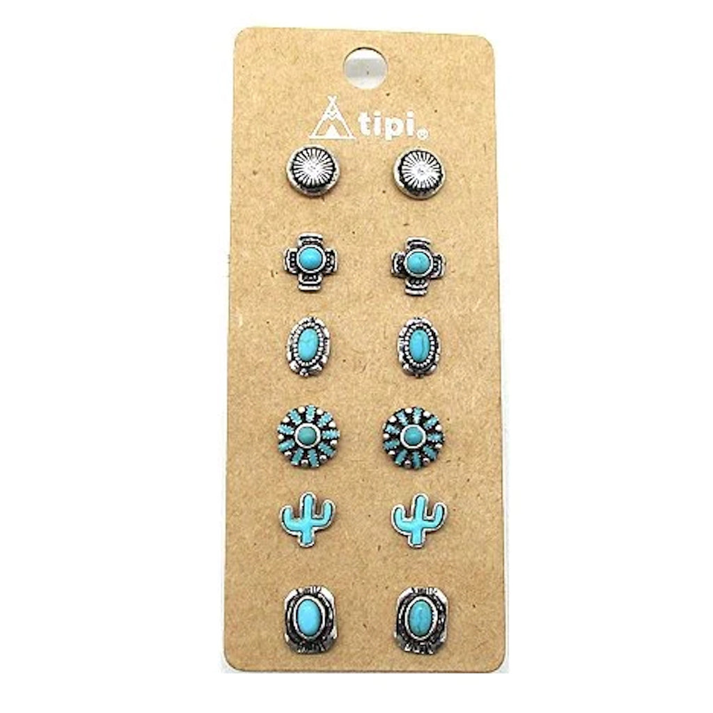 Close up view of Western Assorted Silver & Turquoise 6 Piece Earrings Set
