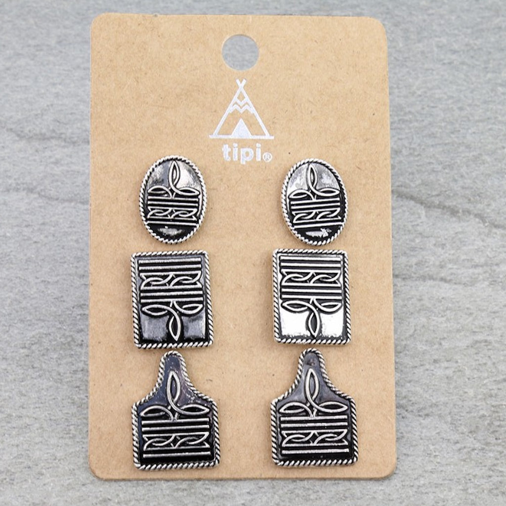 Close up view of Oval Boot Stitch 3 Pair Earrings Set