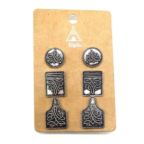 Close up view of  Circle Silver Boot Stitched 3 Pair Earring Set