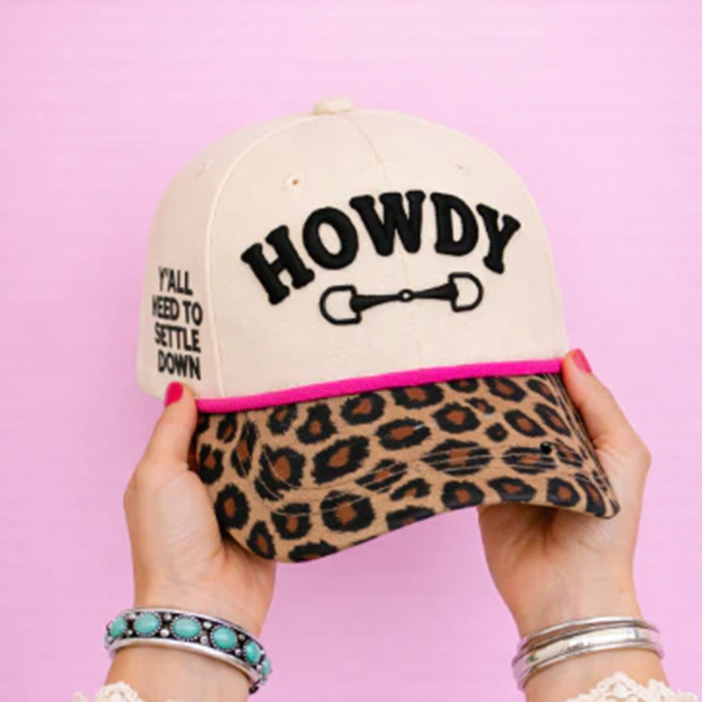 Front and side view of tan and leopard print Howdy hat