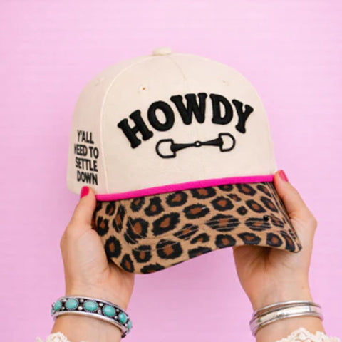 Front and side view of tan and leopard print Howdy hat