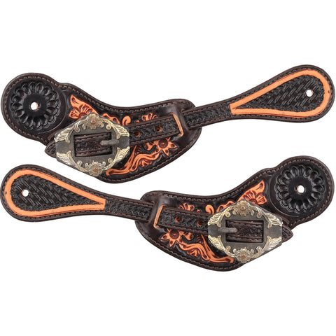 Showman Ladies’ Gunsmoke Spur Strap in dark oiled leather with medium oiled floral tooling and antiqued silver floral buckle