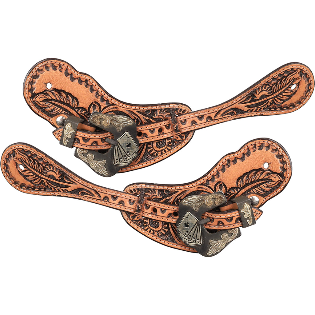 Showman Ladies’ High Roller Spur Strap in medium oiled leather with leaf tooling and antiqued silver card suit buckle