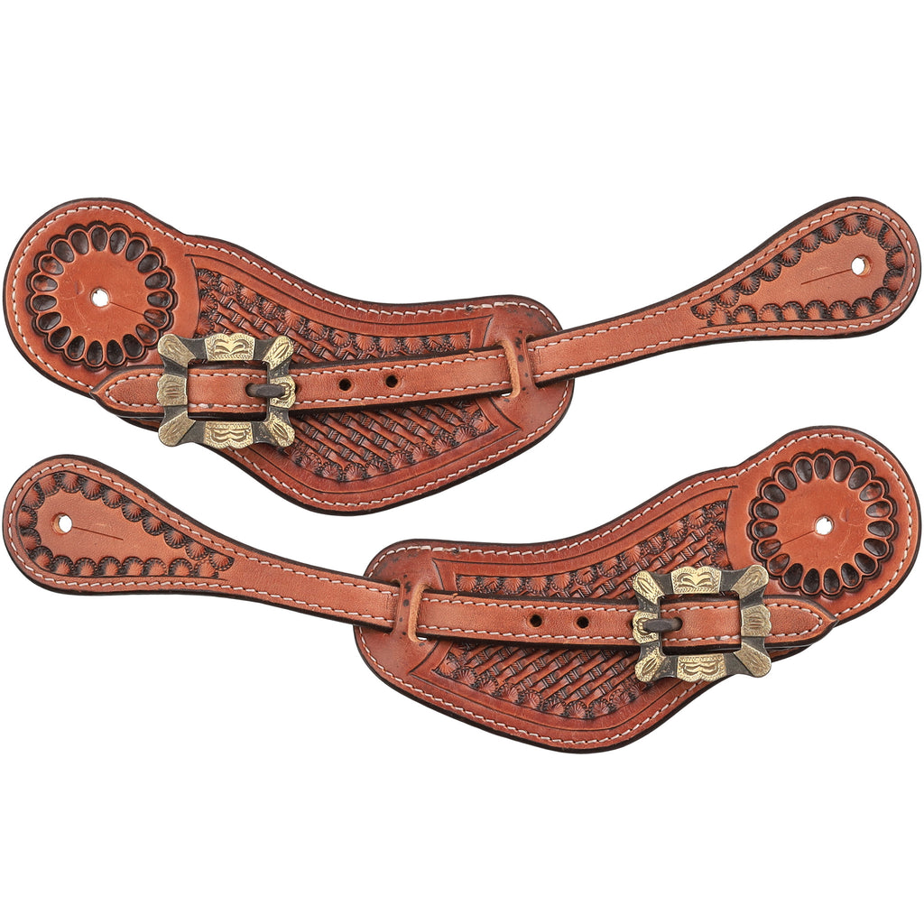 Close-up of basketweave tooled leather and silver bar buckle on Showman Stagecoach spur strap with white stitched edges