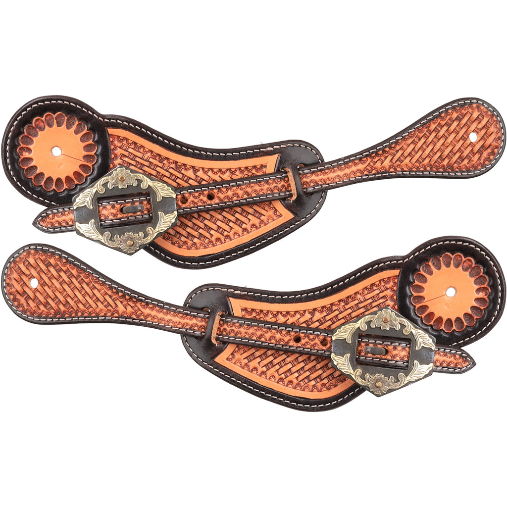 Showman Men's Lawman Spur Strap in medium oiled leather with basketweave tooling and antiqued silver floral buckle