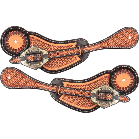 Showman Men's Lawman Spur Strap in medium oiled leather with basketweave tooling and antiqued silver floral buckle