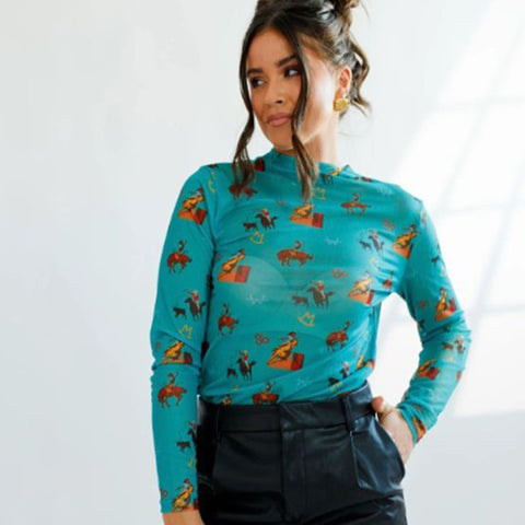 Front view of teal mesh undershirt with brown vintage western inspired patterning.