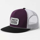 Side view os white mesh snapback, purple front with Cinch logo and black and white rope, black bill 