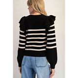 Striped Ruffle Shoulder Long Sleeve Sweater Back Vew