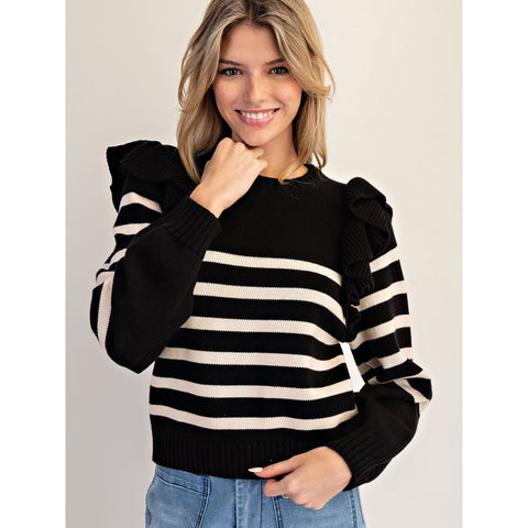 Striped Ruffle Shoulder Long Sleeve Sweater