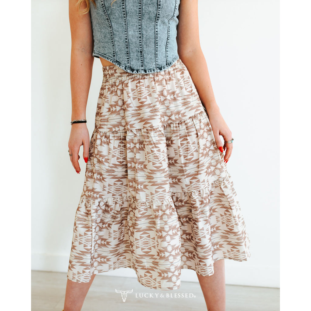 Beige Aztec Printed Ruffle Maxi Skirt