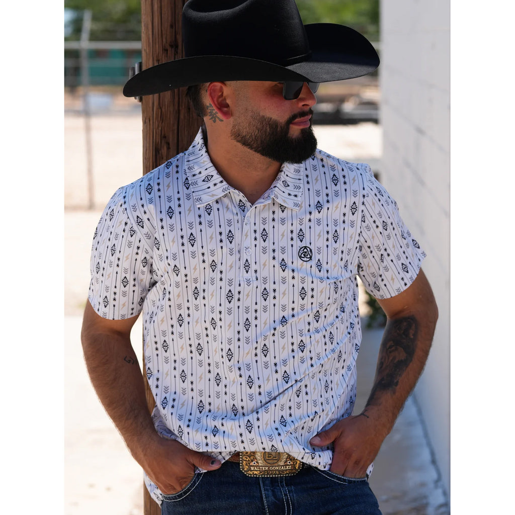 The Thunderbolt Polo White With Tan & Grey Aztec Pattern