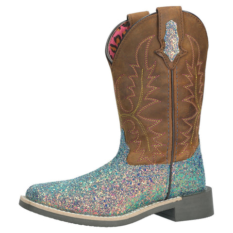 Side view of single boot. Base of boot is multi colored glitter and the shaft is brown with pink and yellow stitching. 