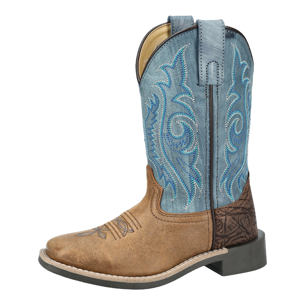 Side view of single square toe boot. The shaft is light blue with white and dark blue fancy stitching. The base is light brown and the back of the heel is dark brown. 