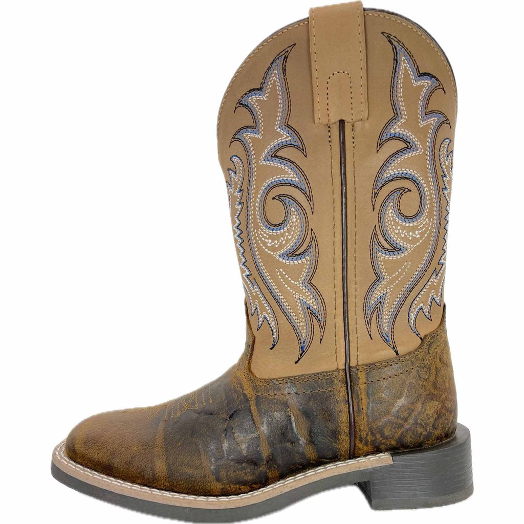 Side view of Smoky Mountain Kid's Distressed Brown & Taupe Square Toe Boots