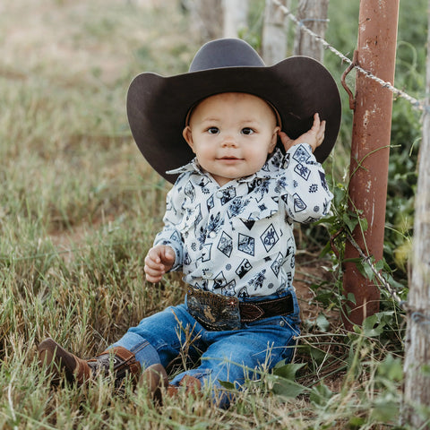 Toddler White with Black Western Diamond Print Long Sleeve Snap Front Onesie