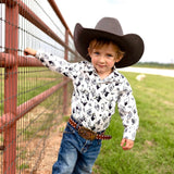 Boys White with Black Western Diamond Print Long Sleeve Snap Front Shirt