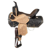 dark oil tooled leather saddle contrasting with light fender/jockey