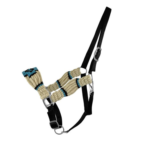 White and Blue Wool Bronc Halter with Black Nylon Straps
