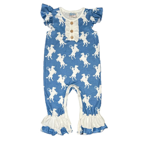 blue and white one piece toddler outfit with horse graphics