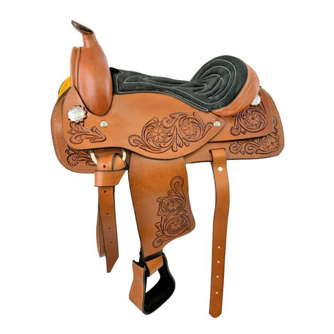 Youth Western style pony saddle with floral tooled accents