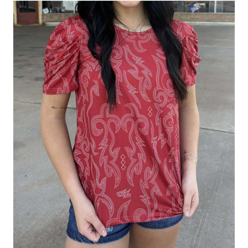 Red Mesh Top with Bubble Short Sleeves and a Boot Stitch Pattern