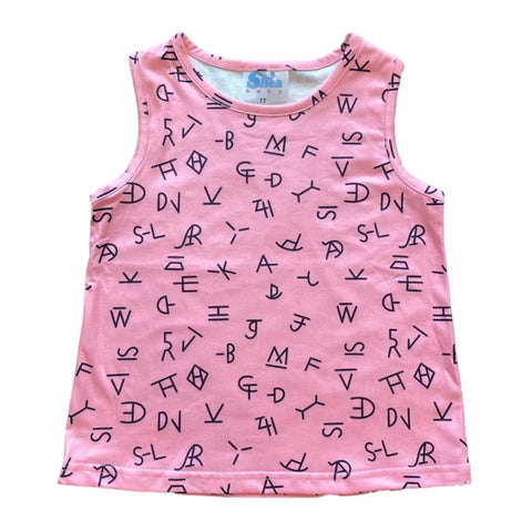 girls pink tank top with branding designs throughout