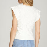 Off White Ruffled Sleeve Cable Knit Sweater Top Back View