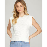 Off White Ruffled Sleeve Cable Knit Sweater Top