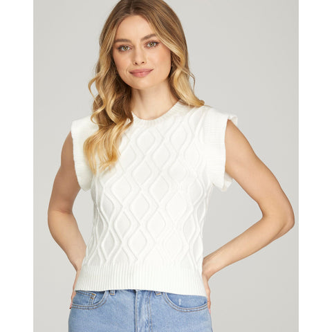 Off White Ruffled Sleeve Cable Knit Sweater Top