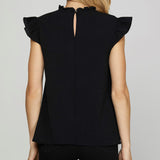 Black Ruffle Sleeve Pintuck Detail Woven Top Back View
