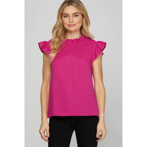 Pink Ruffle Sleeve Pintuck Detail Woven Top