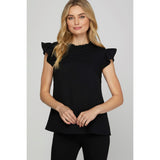 Black Ruffle Sleeve Pintuck Detail Woven Top
