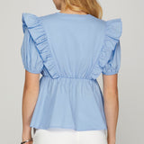 Back View of Model Wearing a Light Blue Pintuck Yoke Ruffle Sleeve Top